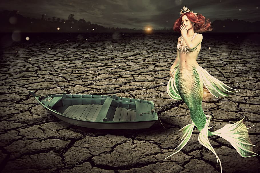 fantasy, mermaid, desert, dark, night, boat, leave, fairy tale HD wallpaper