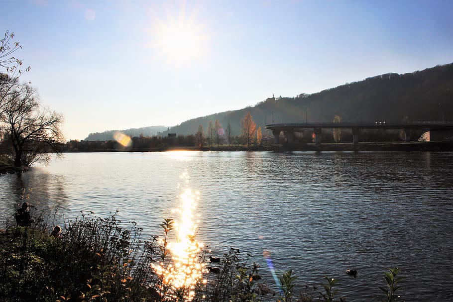 sun, fall, autumn, river, vltava, prague, water, sky, mountain HD wallpaper