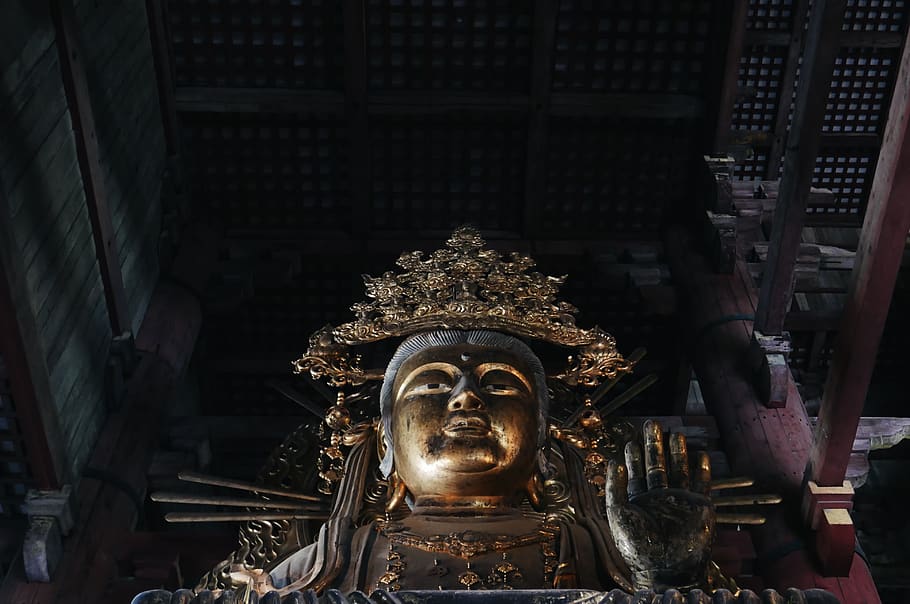 golden Buddha statue, temple, architecture, building, worship HD wallpaper