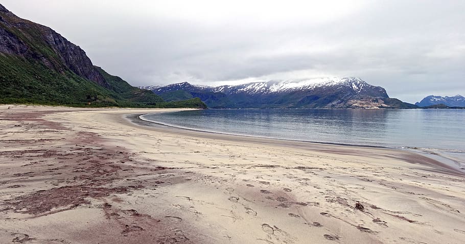 norway, mountains, seaside, land, water, beach, scenics - nature HD wallpaper