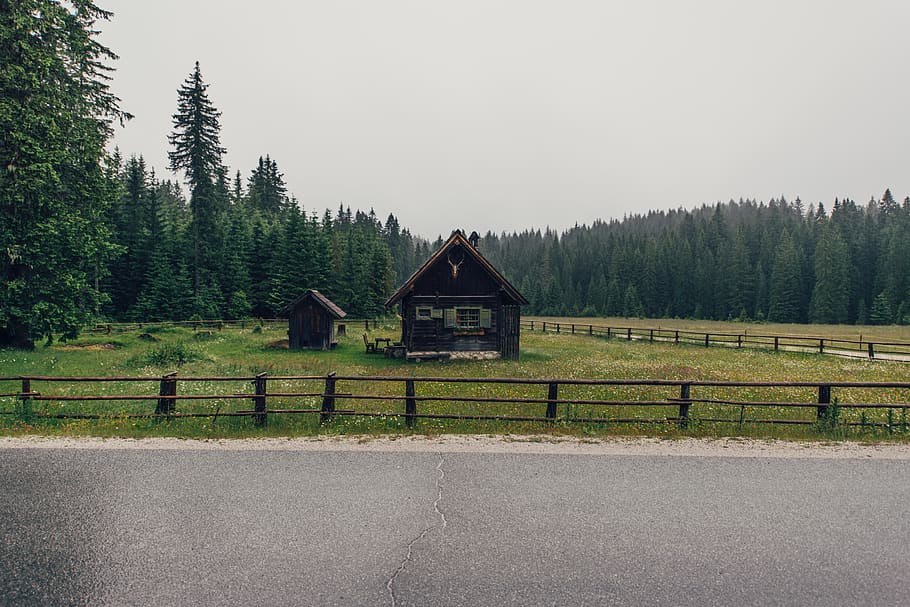 nature, landscape, barn, cabin, house, field, fence, barrier HD wallpaper