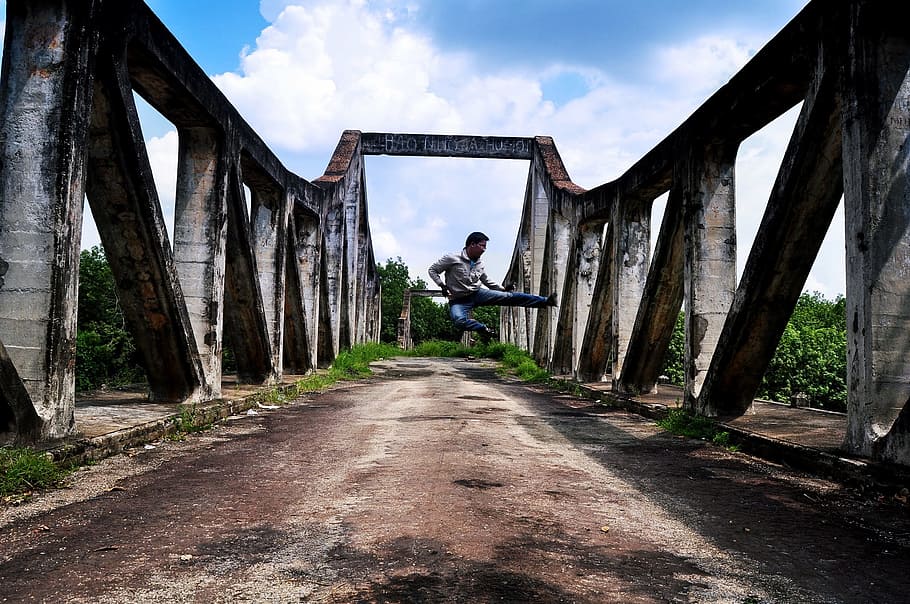 jump, kick, jumping, activity, healthy, bridge, construction HD wallpaper