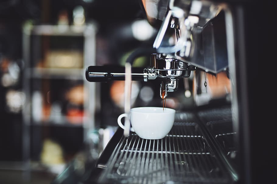 White Ceramic Mug on Coffee Machine, blur, close-up, cup, equipment HD wallpaper