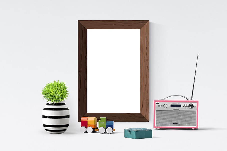 poster, frame, books, toy, plant, radio, studio shot, white background HD wallpaper