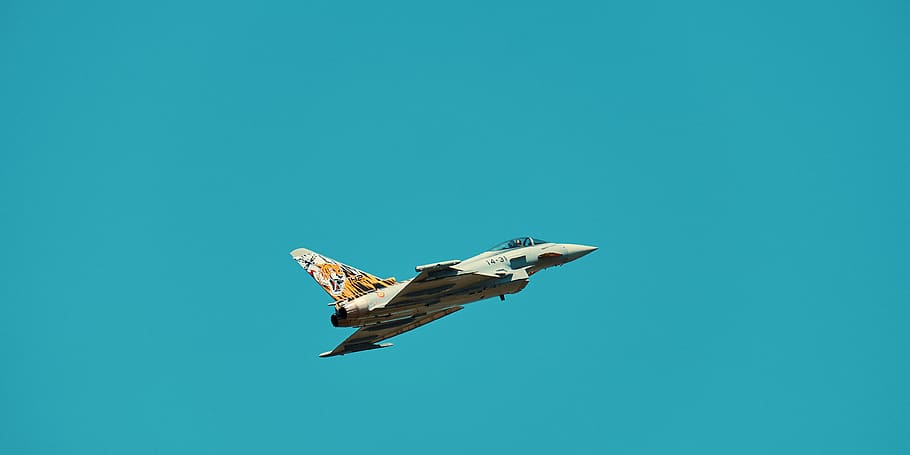 gray aircraft on flight, flying, copy space, blue, mid-air, colored background HD wallpaper