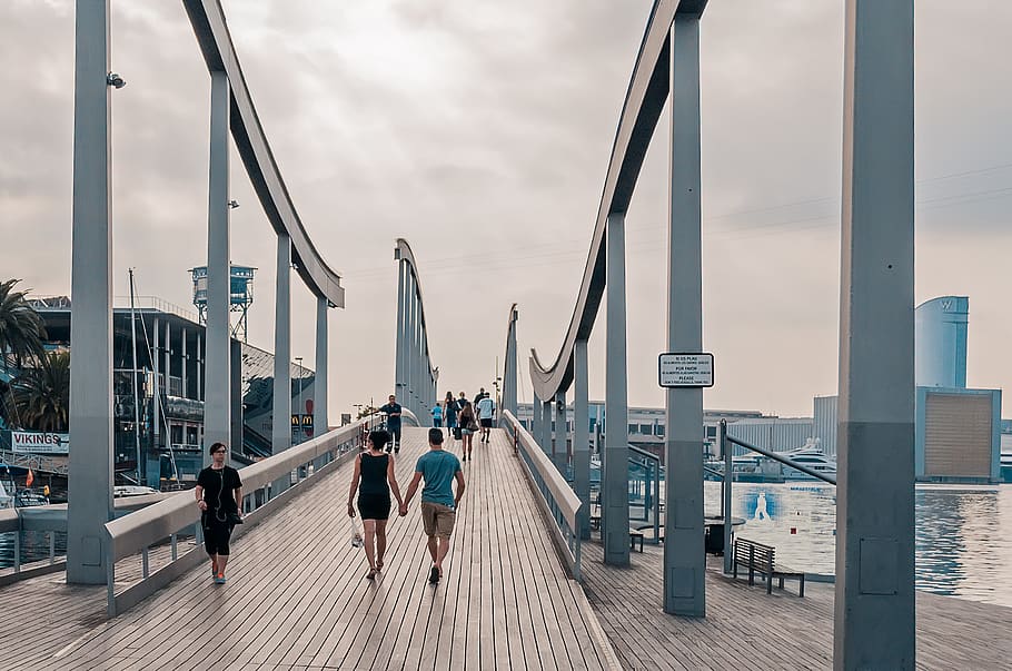 human, person, path, pedestrian, building, boardwalk, bridge HD wallpaper