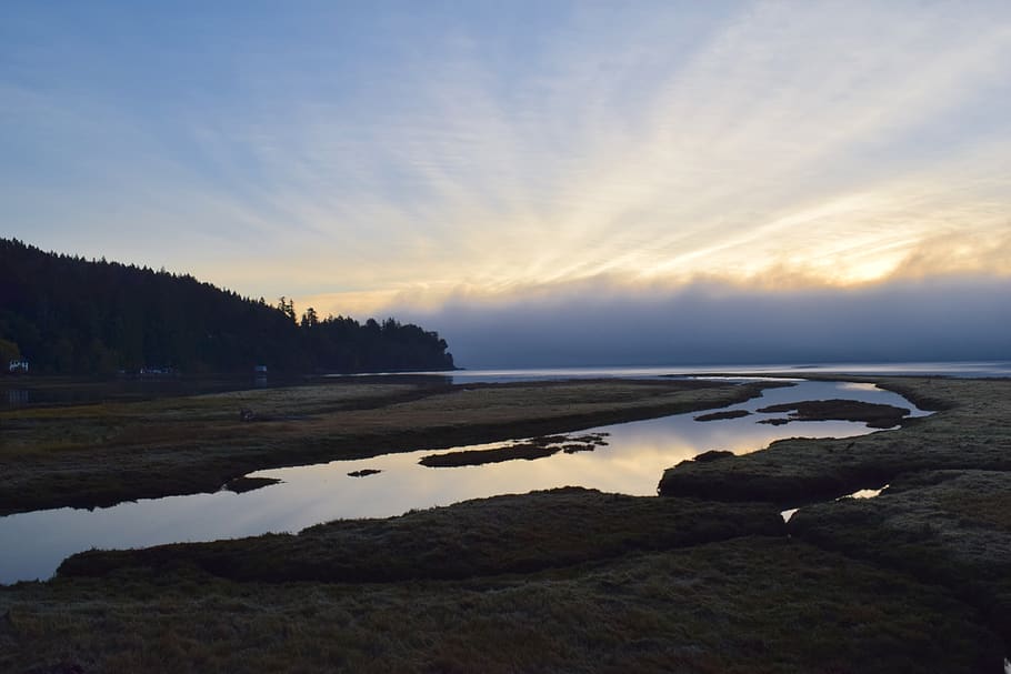 sunrise, reflection, shore, water, coast, sky, landscape, scenic, HD wallpaper