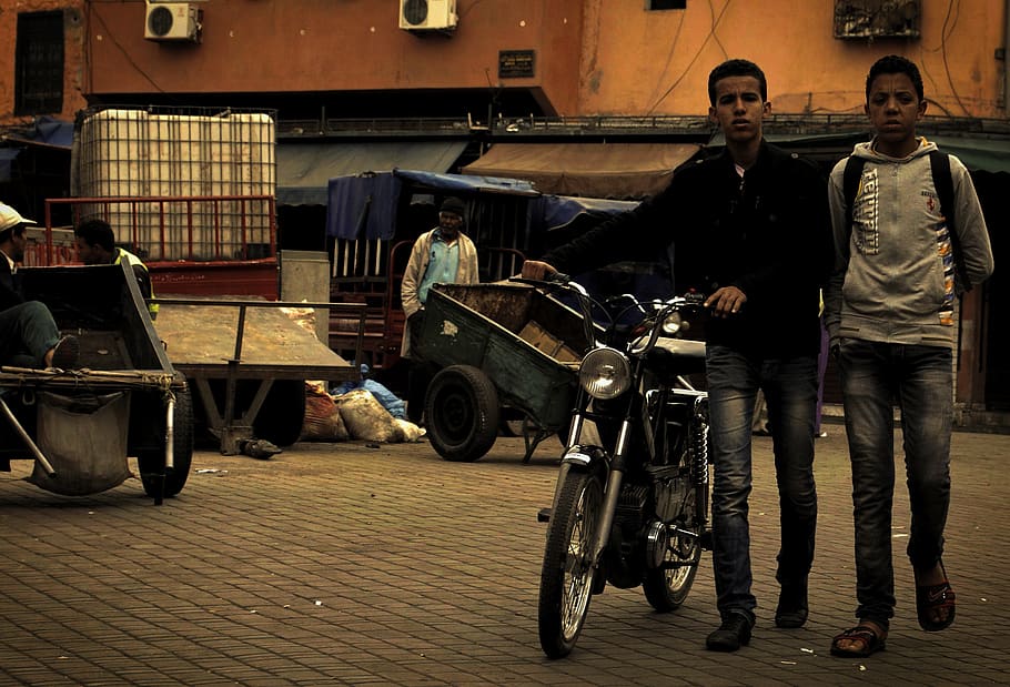 morocco, marrakesh, motorcycle, poor, third world, town, boys HD wallpaper
