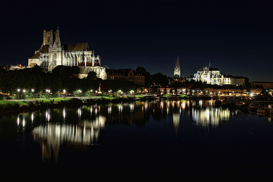 auxerre, france, burgundy, night, lights, city, river, reflect