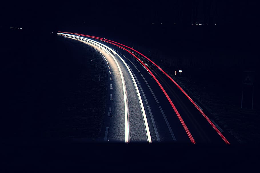 Highway at Night, dark, lights, long-exposure, road, motion, light trail HD wallpaper