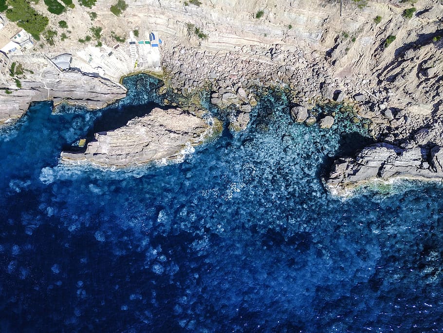 spain, majorca, water, rock, no people, high angle view, solid
