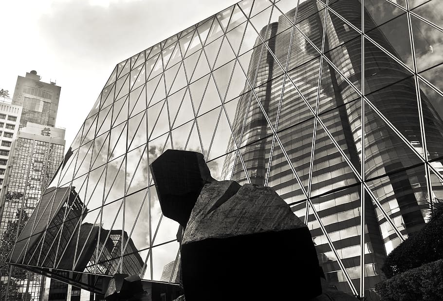 hong kong, central, building, reflection, city, b/w, sky, architecture HD wallpaper