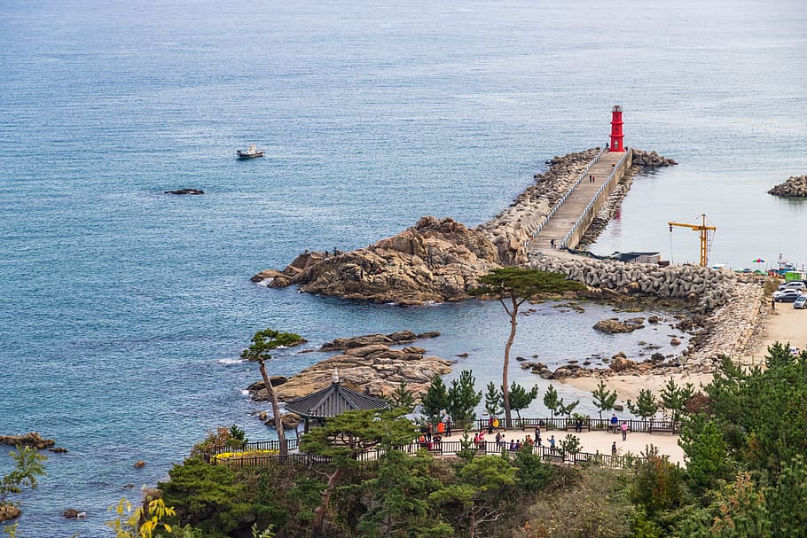 lighthouse, ocean, sea, coast, promanade, temple, nature, building HD wallpaper