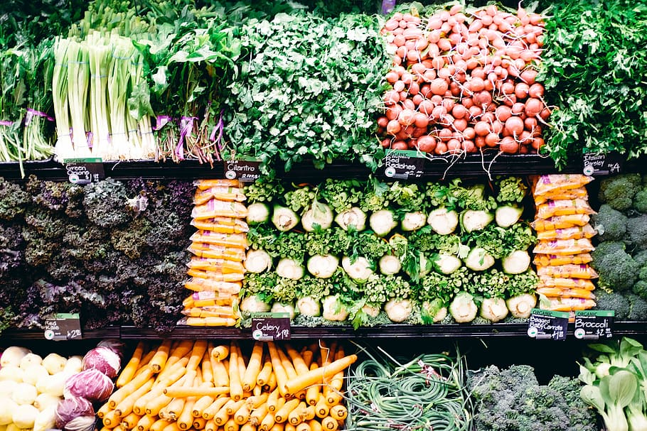 vegetables in supermarket, aisle, apple, basket, buy, food, fresh, HD wallpaper