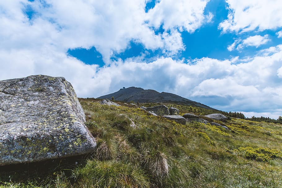 View of a mountain with a large stone in the foreground, cloud - sky HD wallpaper