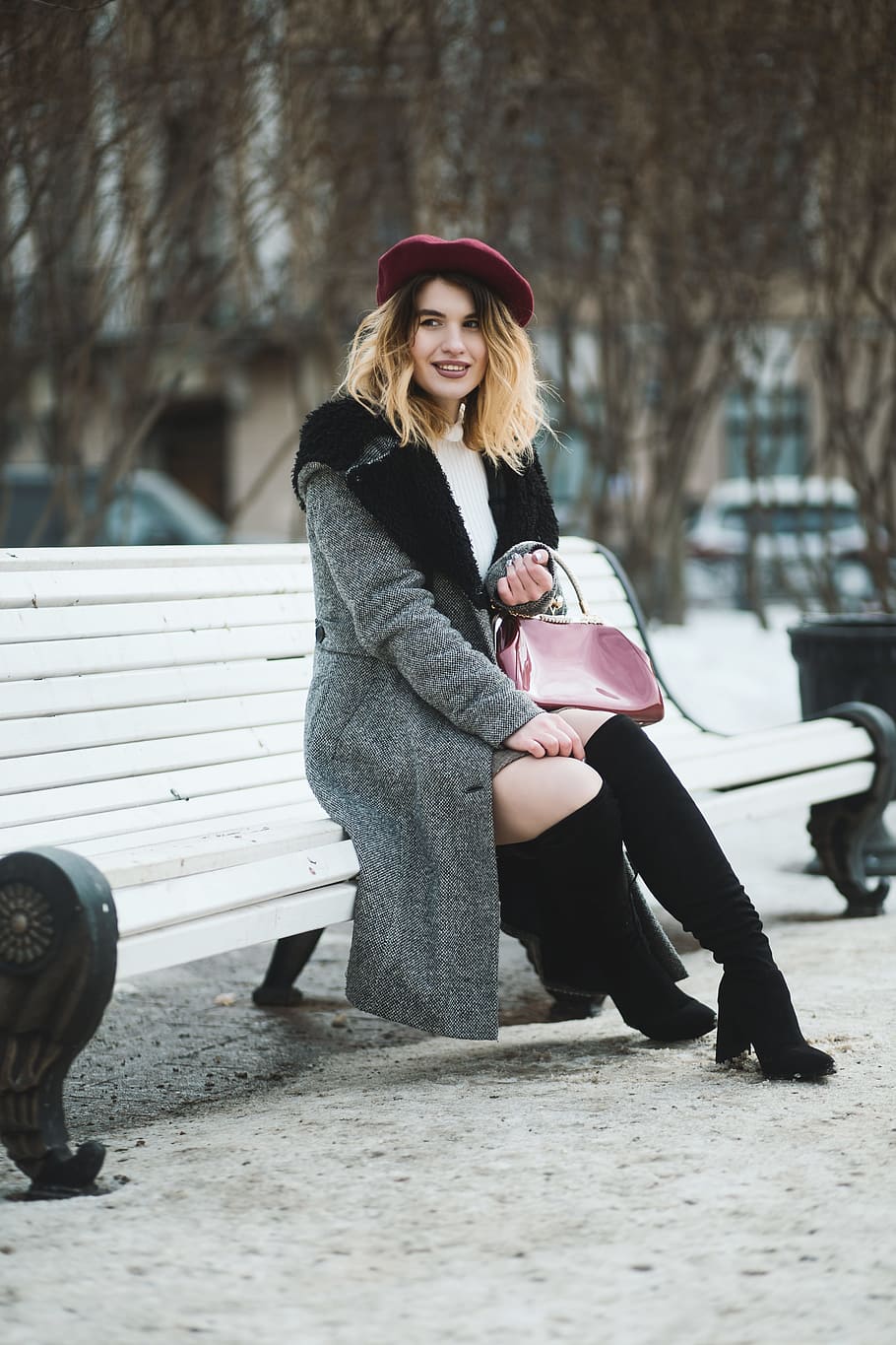 Smiling Woman Sitting On Bench, beautiful, beret, chic, coat HD wallpaper