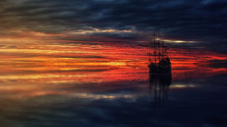 sunset, dawn, dusk, waters, sea, evening, reflection, panorama HD wallpaper