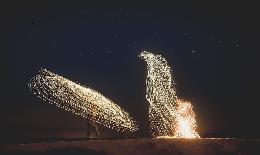yellow fireworks at night, person, light, evening, long exposure HD wallpaper