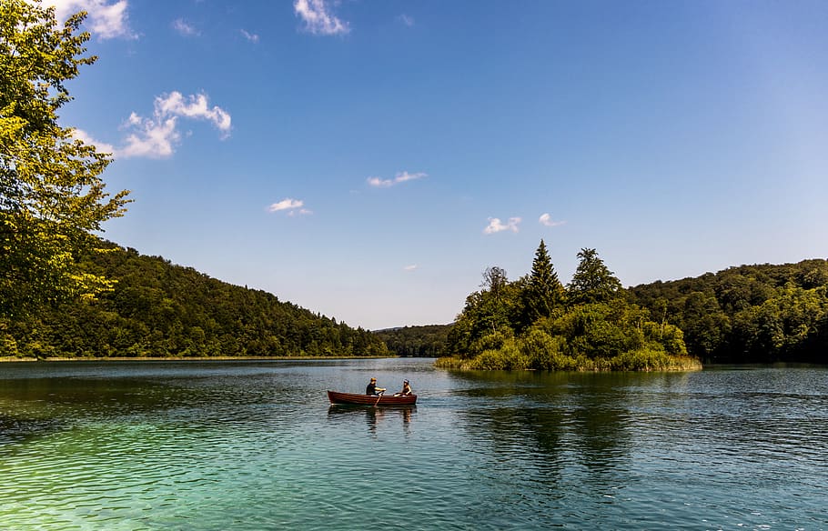 lake, croatia, plitvice, summer, water, tree, nautical vessel, HD wallpaper