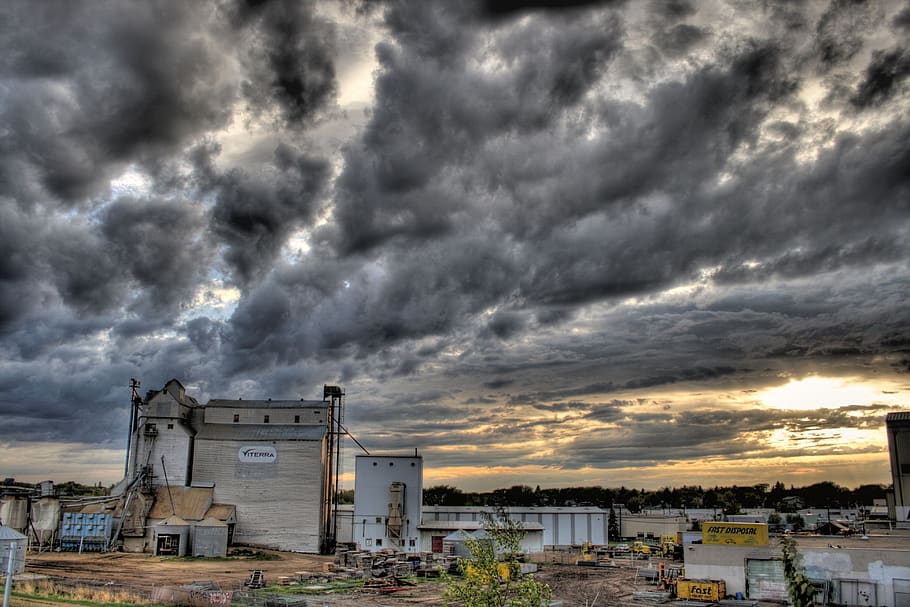 Nimbus Clouds, building, buildings, closed, dark, dark clouds HD wallpaper
