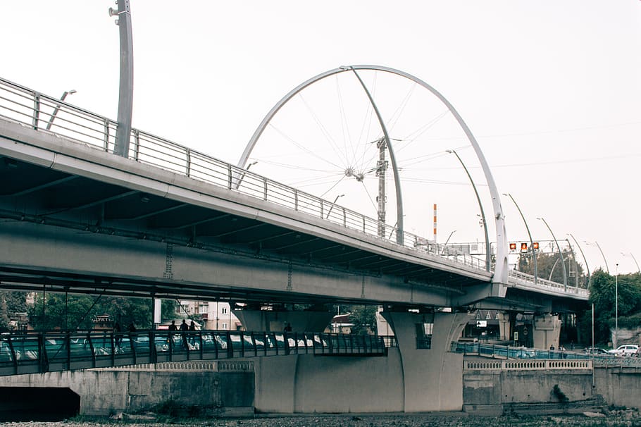 Bridge, architecture, city, daylight, railway, river, road, connection HD wallpaper
