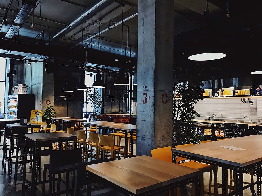 view of empty restaurant, business, table, architecture, seat HD wallpaper