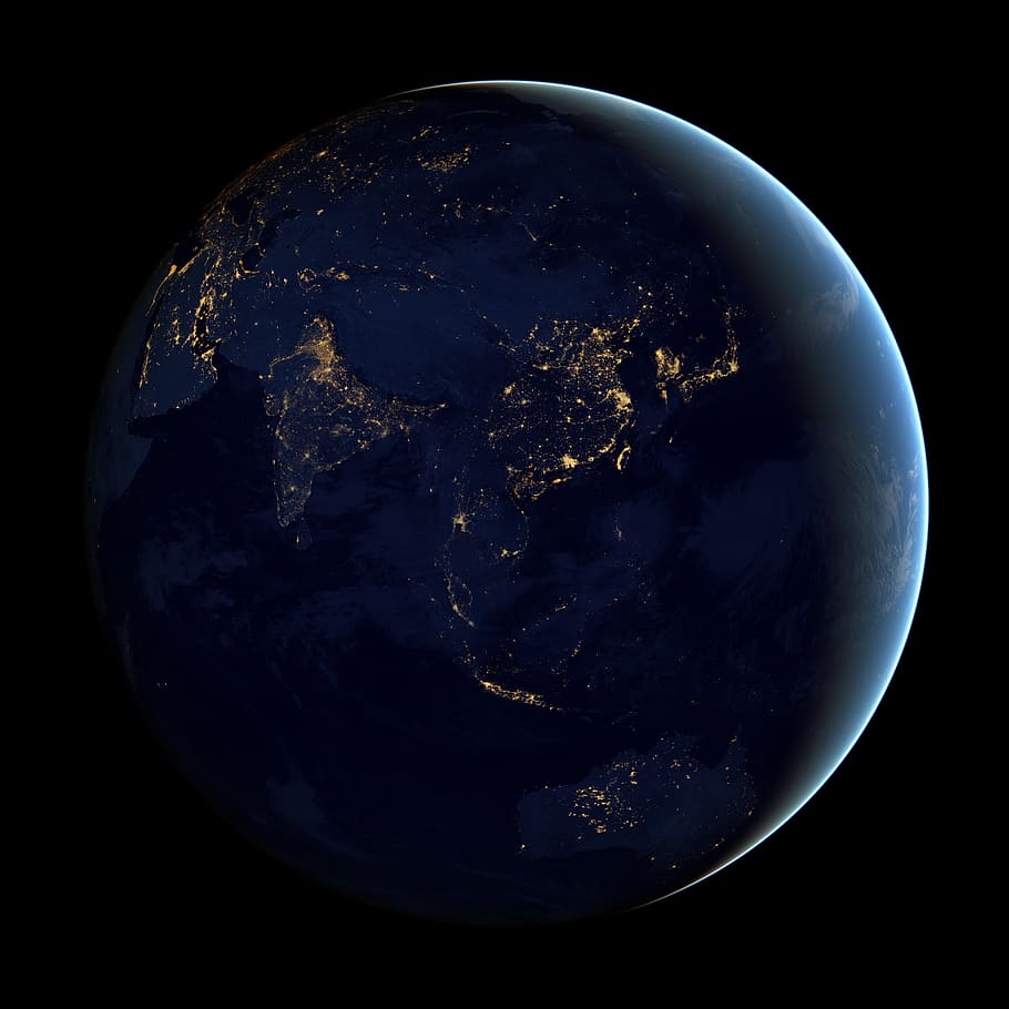 asia, space, earth, dark, aerial, globe - man made object, planet earth HD wallpaper
