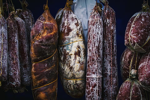 hanging raw meats, food, argentina, la plata, cured, sausage HD wallpaper