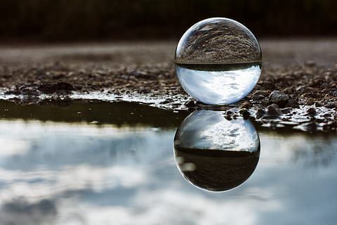 germany, wolfschlugen, water, reflection, puddle, grass, sphere HD wallpaper