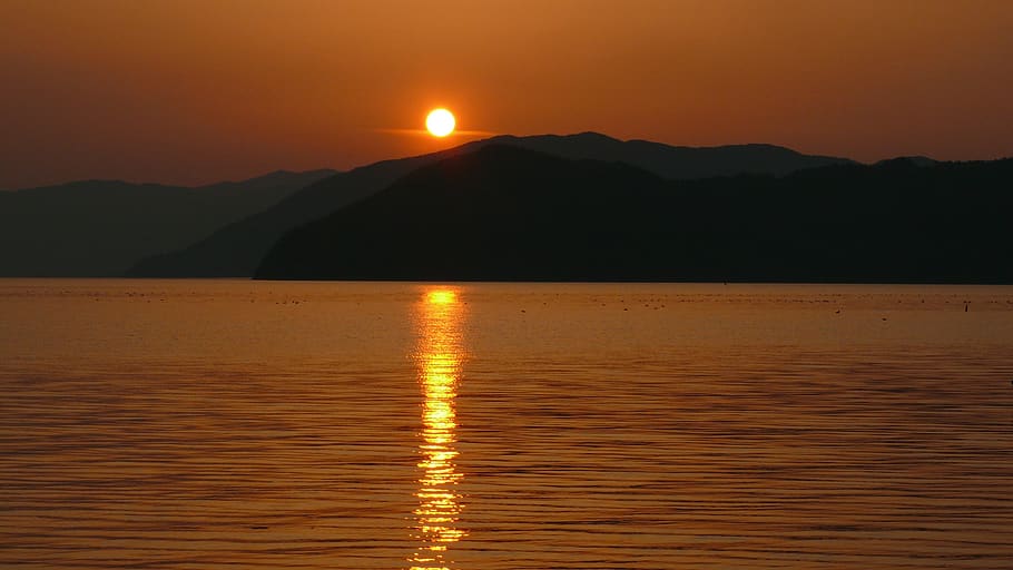 sunset, lake, calm, tranquil scene, lake biwa, japan, water, HD wallpaper