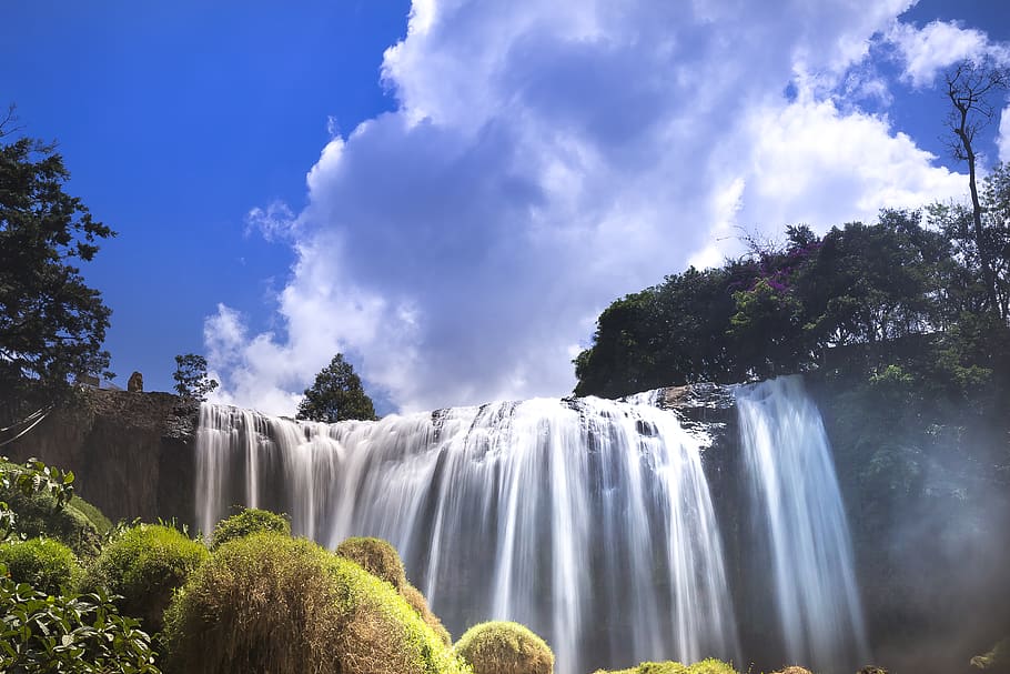 Waterfalls Under White and Blue Sky, cascade, daylight, environment HD wallpaper