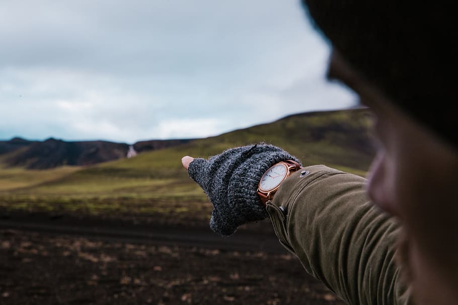 Watch And Gloves On Hand Pointing Photo, Men, Hill, one person HD wallpaper