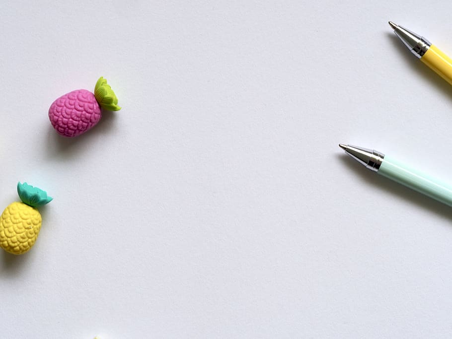 flatlay, yellow, pink, teal, pineapple, draw, write, blog, work HD wallpaper