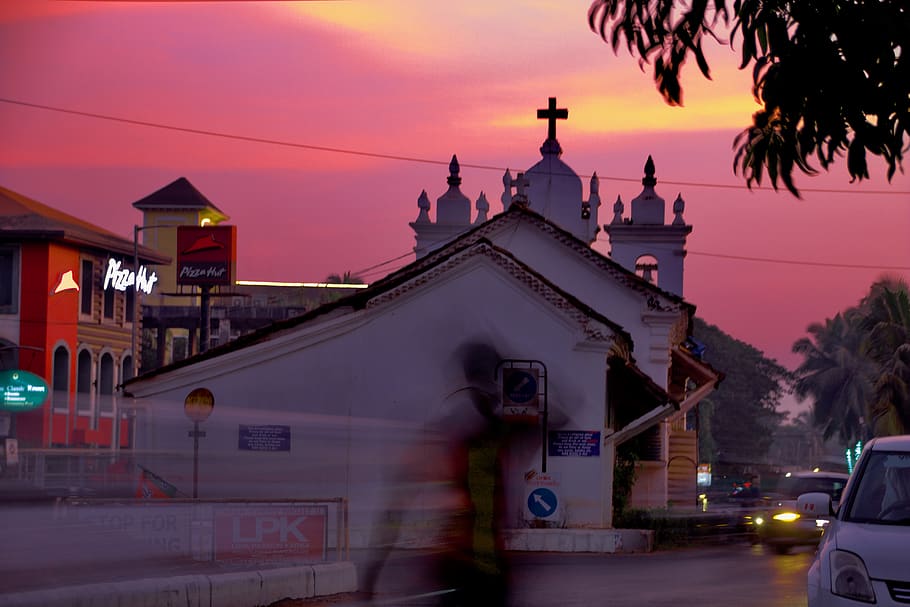 india, goa, tropic, church, sunset, road, asia, architecture, HD wallpaper