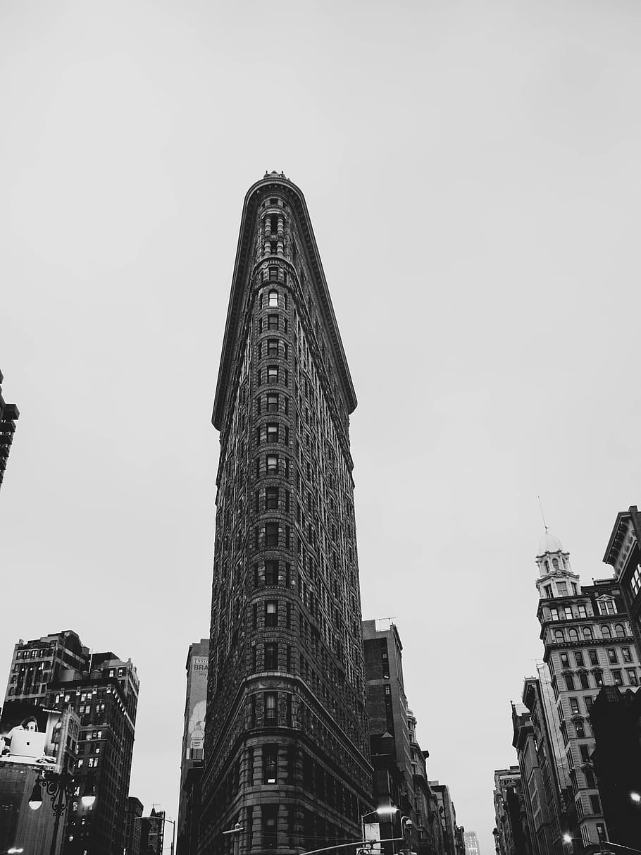 grayscale photography of flat iron building, architecture, building exterior, HD wallpaper