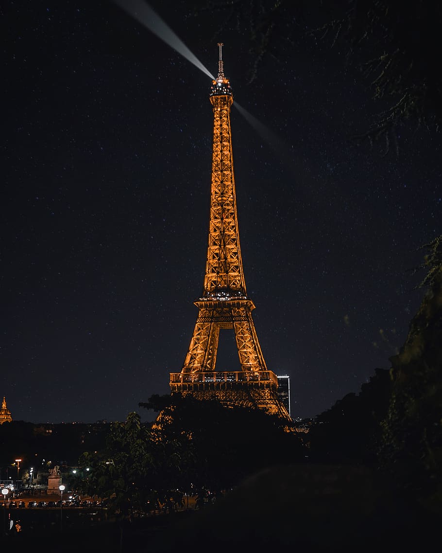 lighted Eiffel Tower at night, architecture, building, spire