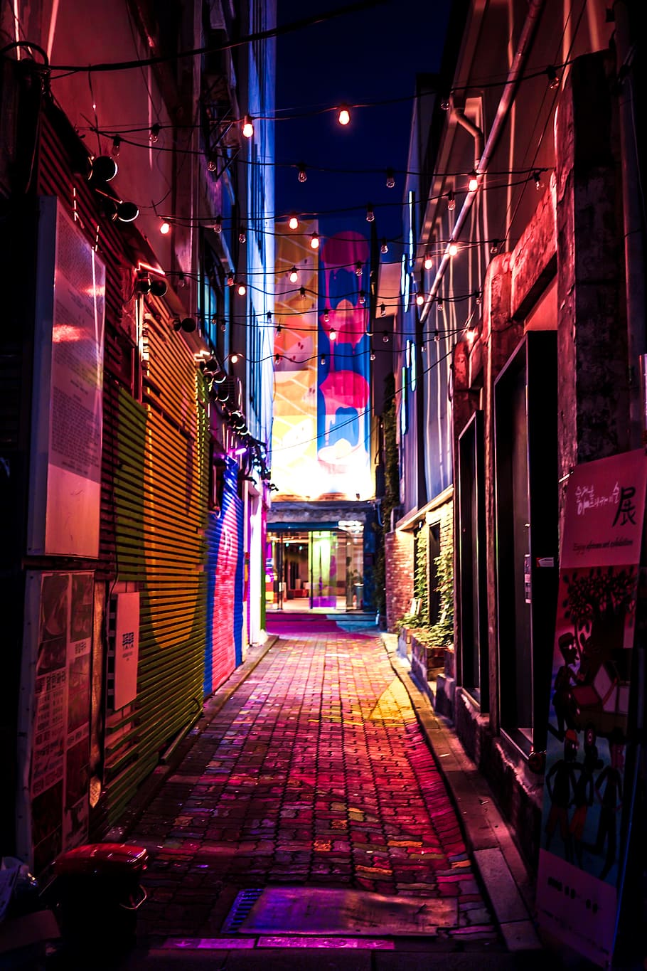 Lighted Up Alleyway, architecture, buildings, business, cobblestone street