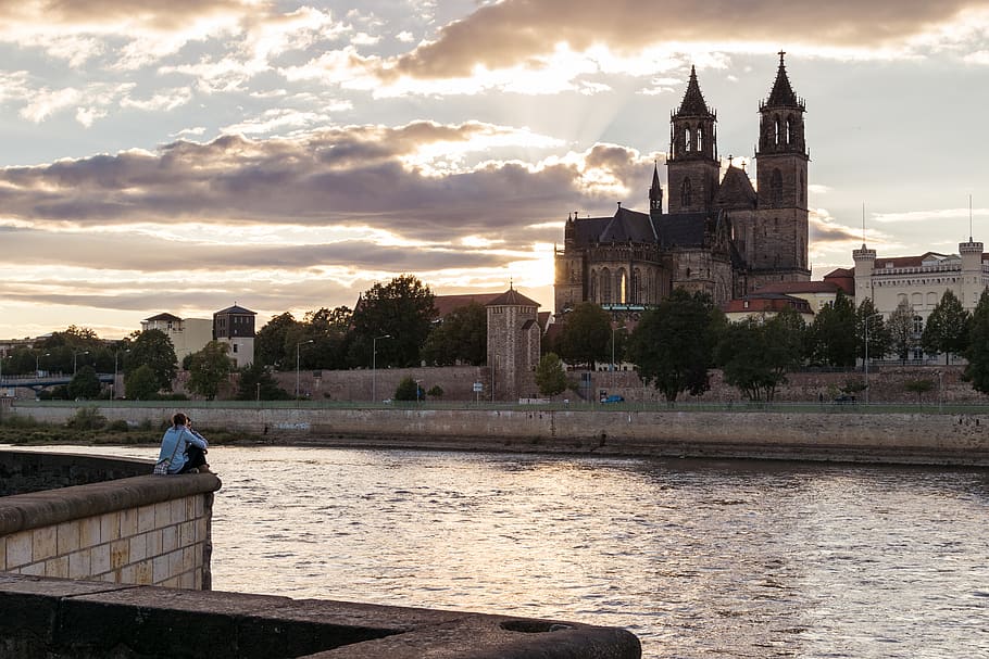 magdeburg, germany, magdeburg cathedral, clouds, river, dome, HD wallpaper