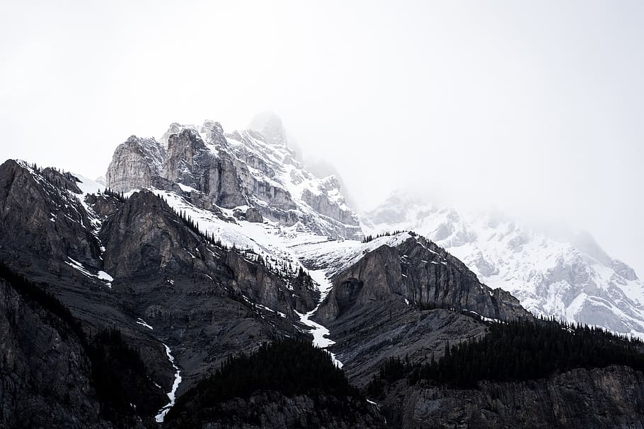 nature, landscape, mountains, summit, peaks, snow, trees, sky HD wallpaper