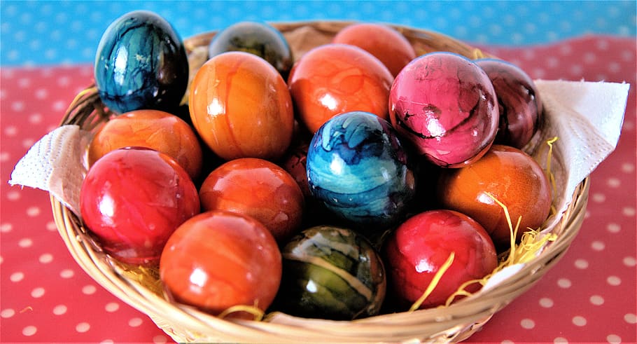 easter basket with colorful eggs, blue, red, shiny, blanket HD wallpaper