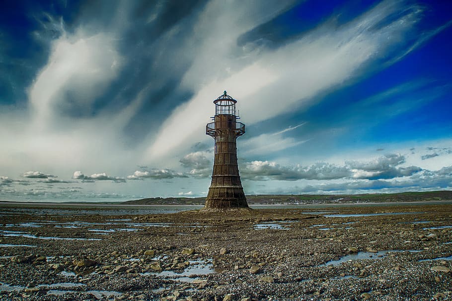 Beige Lighthouse Under White Clouds, architecture, beach, cloudy HD wallpaper
