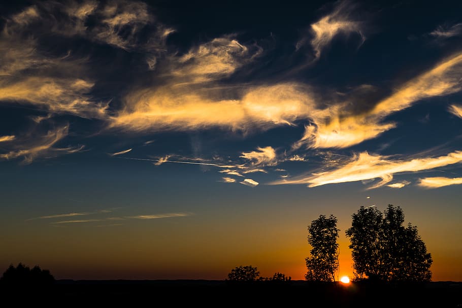 Silhouette Photo of Trees, backlit, clouds, dawn, idyllic, nature HD wallpaper