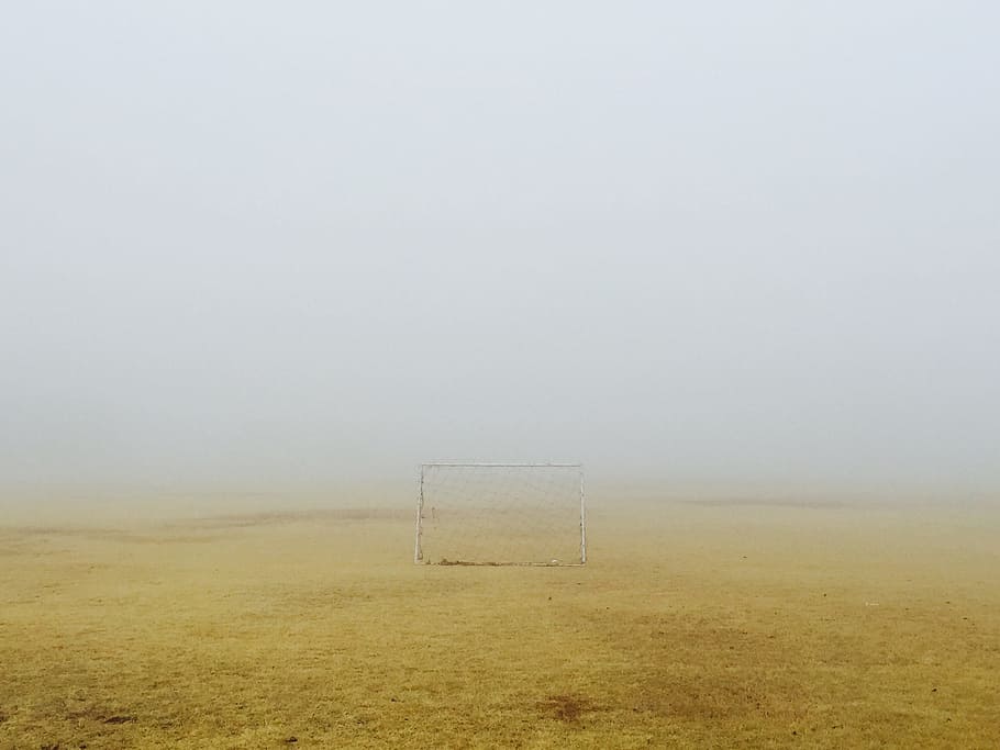 goal, post, pole, net, fog, ground, sport, team sport, soccer field HD wallpaper