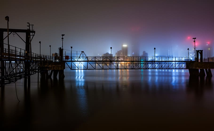 lighted bridge beside buildings, water, waterfront, port, pier HD wallpaper