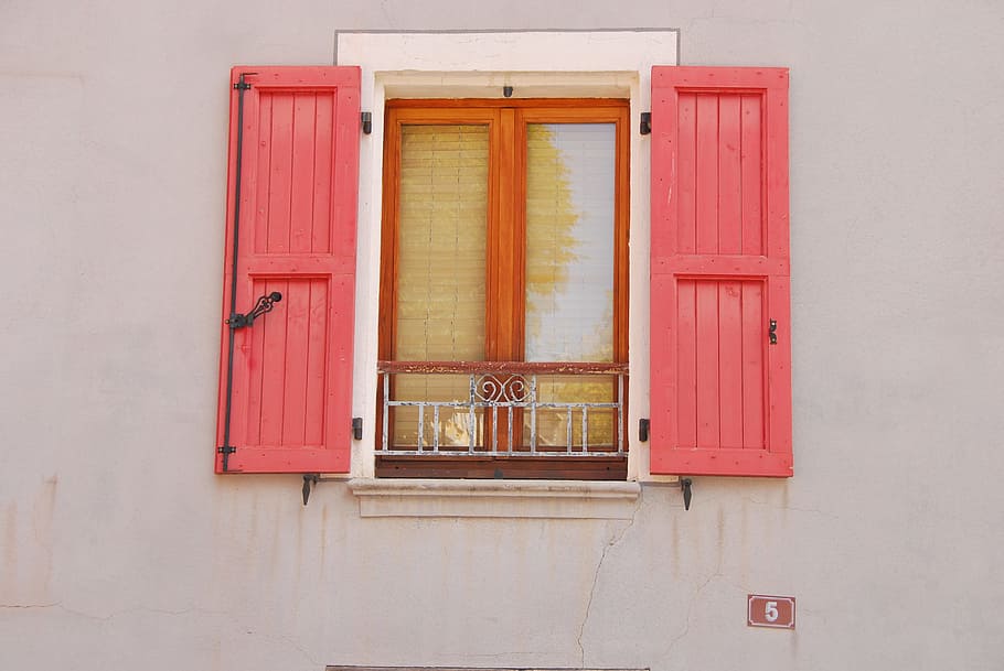 opened red wooden window doors, shutter, window ledge, window shutters HD wallpaper