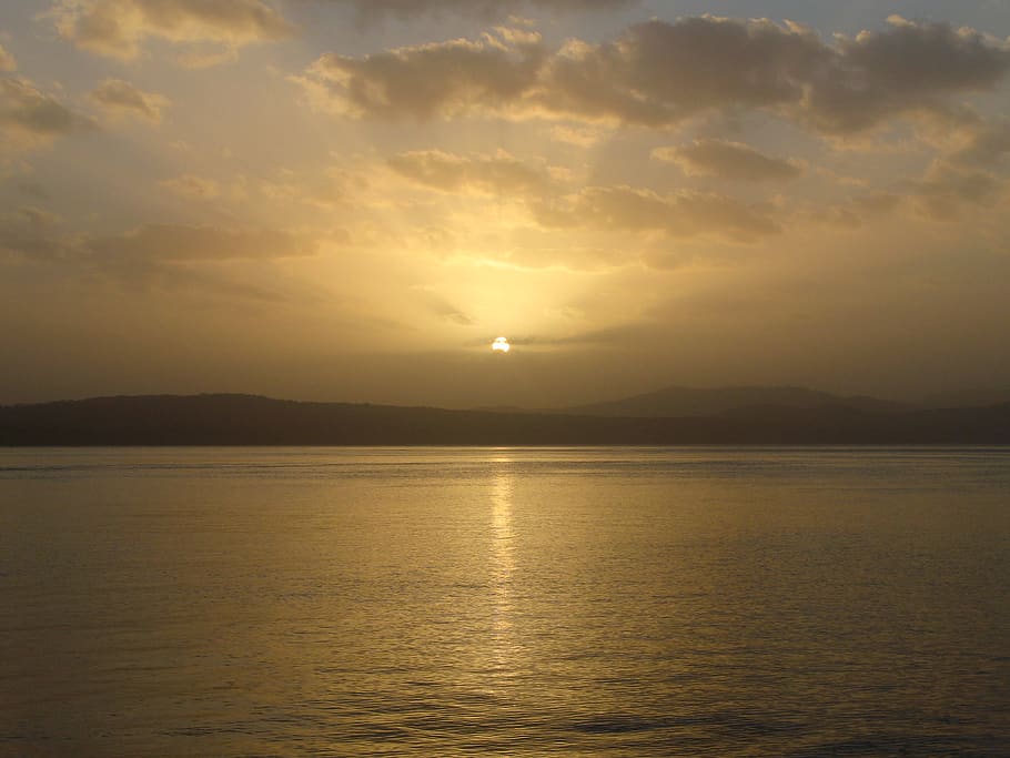 sunset, soft, ocean, sea, seascape, island, sky, peach, clouds HD wallpaper