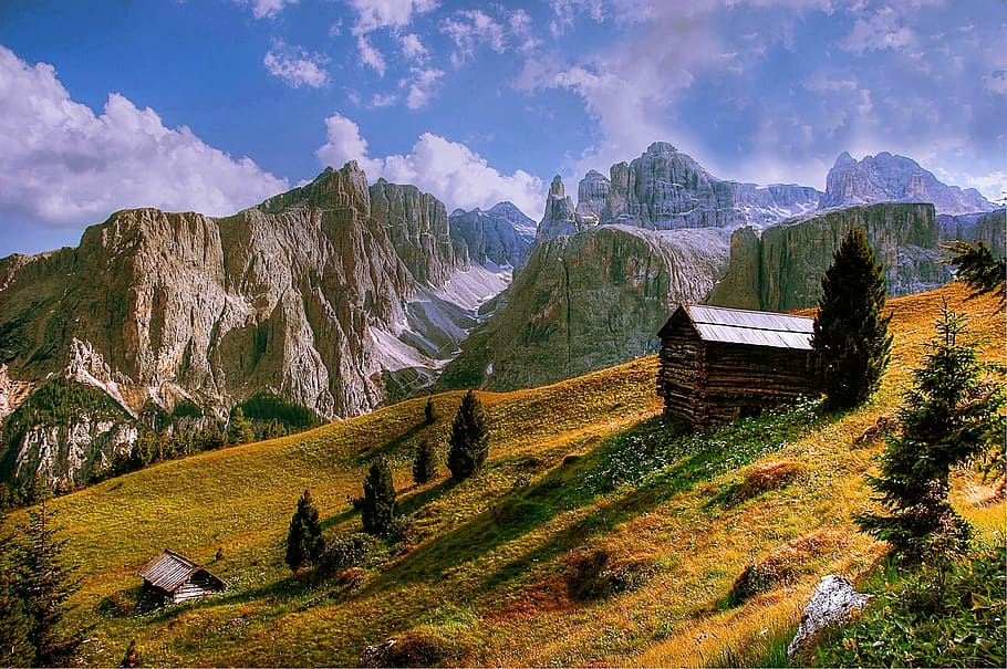 Aerial Photography of House Near Trees, cabin, clouds, grass HD wallpaper