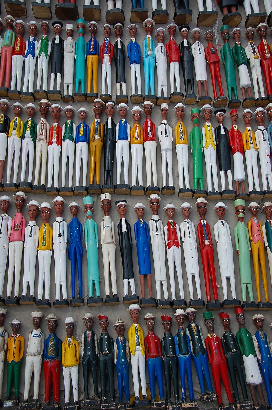 south africa, cape town, men, carved figures, occupations, multi colored