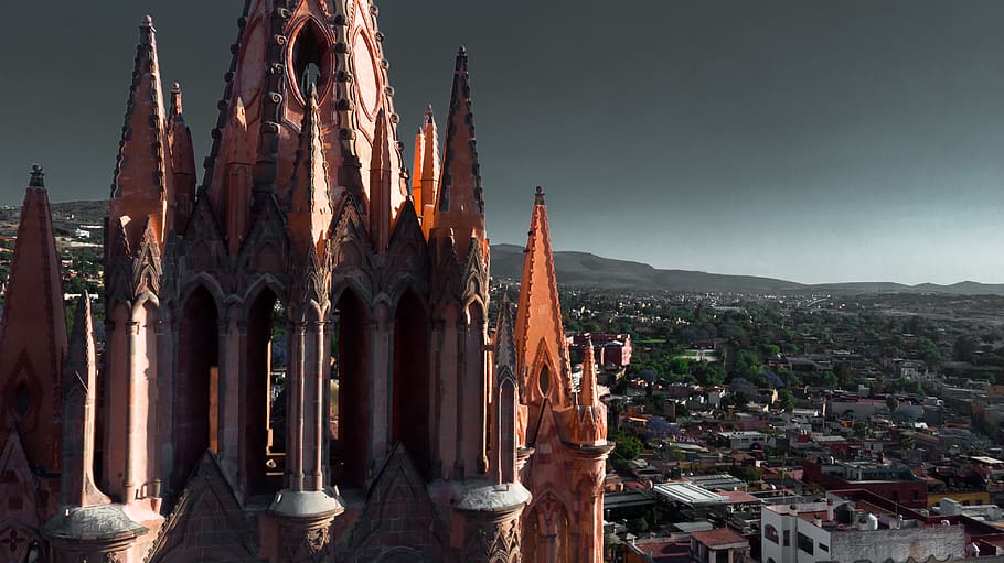 mexico, san miguel de allende, sunset, guanajuato, church, drone, HD wallpaper