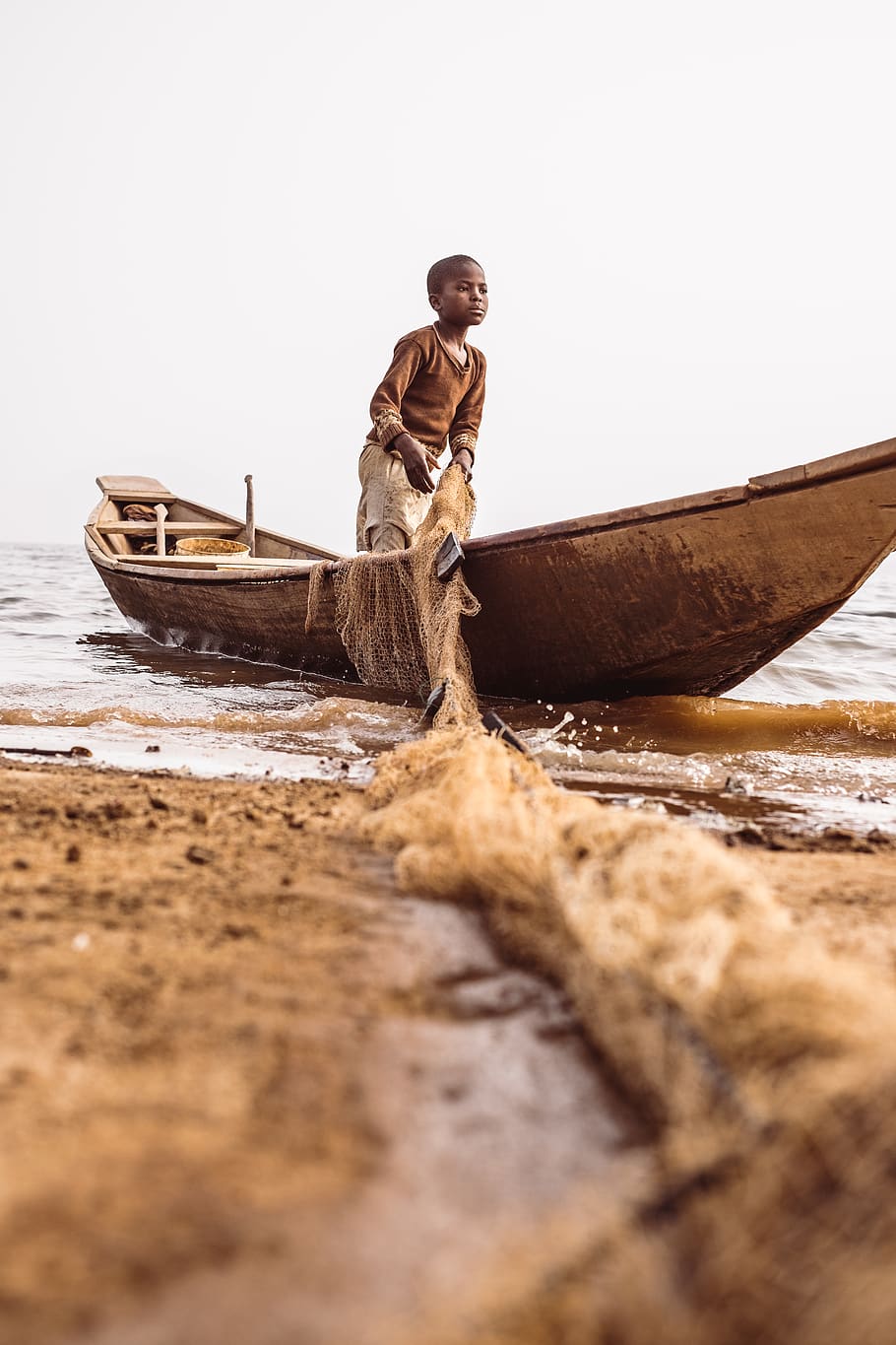 boy on boat pulling net, nautical vessel, water, transportation HD wallpaper
